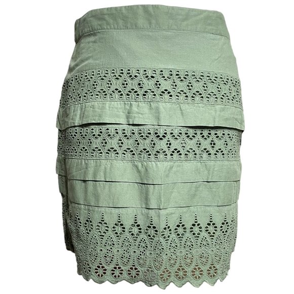 Eyelet Layered Mini Skirt 4 Miniskirt Sage Green Embroidered Broderie Scalloped - Picture 4 of 12
